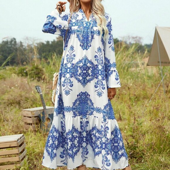 Boho Women's Notched Neck Flounce Hem Maxi Dress With Sleeve blue white - Picture 4 of 6